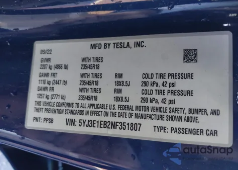 2022 Tesla Model 3 Long Range Dual Motor All-Wheel Drive from USA, damaged, VIN 5YJ3E1EB2NF351807